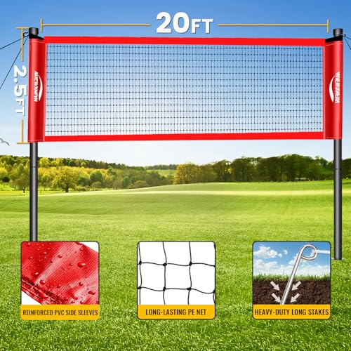 Backyard Badminton Set: Portable Outdoor Net with 4 Performance Rackets, 3 Shuttlecocks & Boundary Line - Complete Heavy-Duty Set for Family Lawn, Grass & Beach Games - color: Red