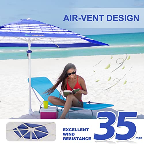 AMMSUN 8ft Large Beach Umbrellas for Sand Heavy Huty Wind Portable Commercial Grade Patio Beach Umbrella with Sand Anchor Adjustable Height Air Vent UPF 50+ Telescoping Pole without tilt Blue White - color: Blue White Stripe