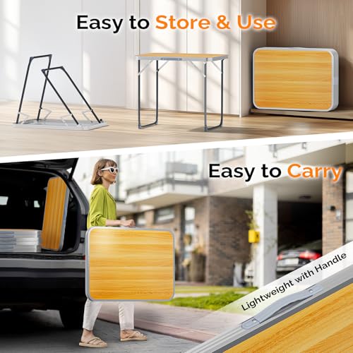 VINGLI 2.3FT Small Camping Table，Portable Camping Table with Carrying Handle, Picnic Table Foldable Table Essentials for Indoor Outdoor - color: Natural, size: 2.3ft