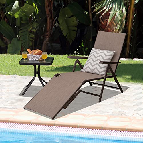 Tangkula Folding Lounge Chair Outdoor, Recliner Chaise Lounge with 5-Position Adjustable Backrest & 2-Position Footrest, No Assembly Required, Suitable for Patio Poolside Beach Yard (1, Brown) - color: Brown
