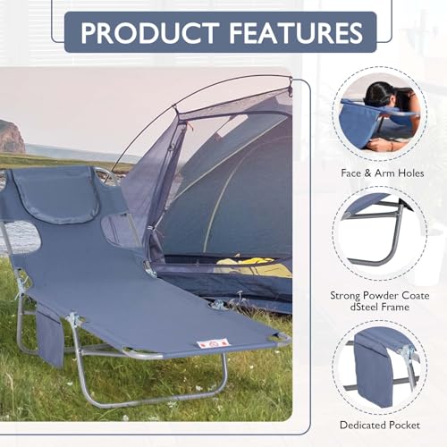Majnesvon Folding Beach Lounge Chair with Face Hole and Arm Slots, 5-Level Adjustable Sun Lounger Tanning Chair with Pillow for Patio, Garden, Beach, Pool(Gray 2) - color: Gray 2