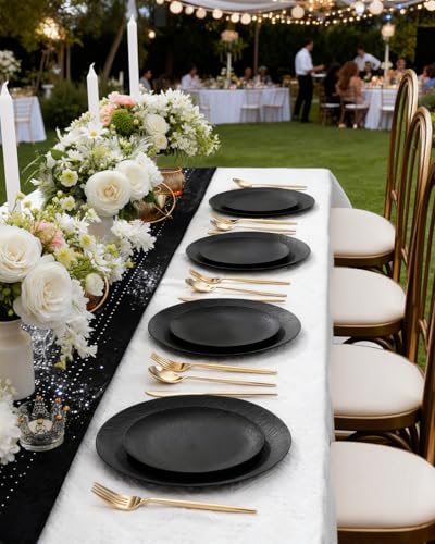 WONDERFUL 32pcs Black Plates Black Plastic Plates Unbreakable and Reusable Plastic Plate Dishwasher safe Dishes Set Includes:16 Dinner 10" & 16 Dessert Plate 7.3" Suitable for Camping Outdoor Party - color: Black