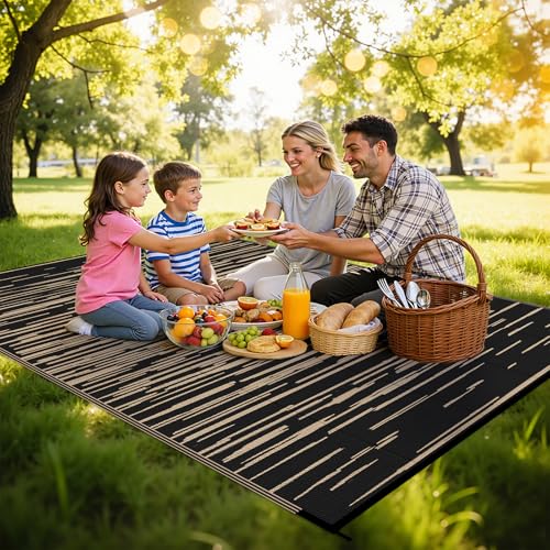 HEBE Outdoor Rug 6'x9' Waterproof, Reversible Plastic Straw Patio Rug Camping Mat, Indoor Outdoor Area Rug Carpet for Patios, Deck, Porch, RV, Camping, Picnic, Balcony - color: Stripe/Black, size: 6' x 9' (Rectangular)