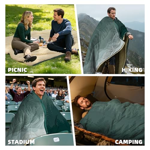 Outdoor Camping Blanket with Sherpa Lining, Extra Warm Thick Camp Blankets and Puffy Ultralight Soft Poncho DWR Camping Quilt for Cold Weather, Adventure, Sleeping, Backpacking 78"x 56" - color: Pale Green, size: 78 x 56 inches