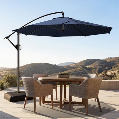 HOMSHADE 10ft Offset Patio Umbrella - w/Base, Cantilever Offset Hanging Patio Outdoor Market Umbrella UPF50+ UV Protection with Easy Tilt and Crank for Pool Deck and Garden(Navy Blue) - color: Navy Blue