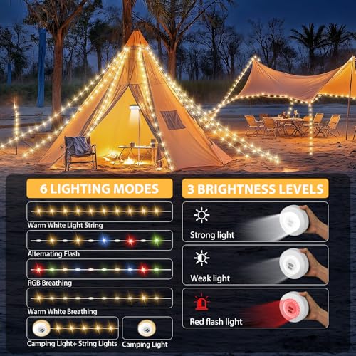 2Pack Camping String Lights, 4 in 1 Quick Storage Camping Essentials Gear 32.8FT Rechargeable Tent Lights with 9 Modes Hanging Waterproof LED Camp Lamp for Camping Hiking Patio Festival (Warm +RGB) - color: Warm & RGB, size: 2PACK