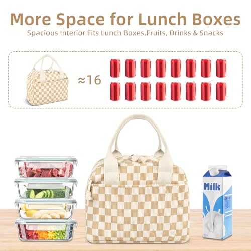 Reusable Insulated Lunch Bag for Women Men, Corduroy Lunch Tote Leakproof Cooler Bag with Reinforced Stitching, Cute Lightweight Thermal Lunch Box for Work Study Picnic Travel, Checkered Beige Brown - color: Checkered Beige Brown