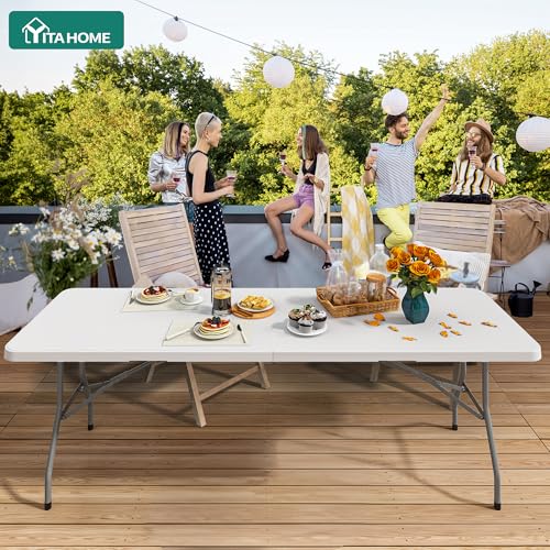 YITAHOME 8FT Folding Tables, Heavy Duty Folding Table with Carrying Handle, Plastic Fold up Table for Outdoor Camping Picnic Parties/Indoor Events, White - color: White