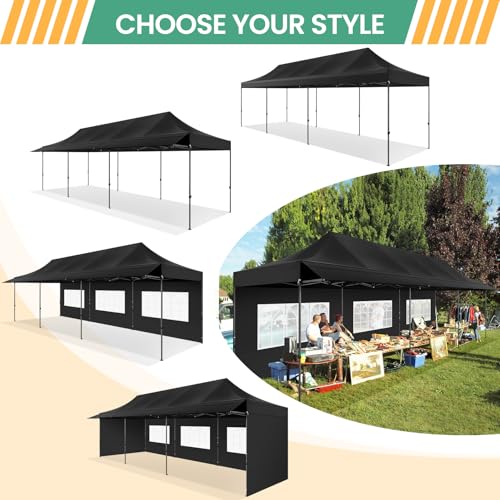 COBIZI 10x30 Pop Up Canopy Tent with Awning & Sidewalls, Heavy Duty Commercial 10X30 Canopy Tents Instant Waterproof, UPF 50+ Sun Shade for Outdoor, Parties, Markets (Black) - color: Black, size: 10x30FT with 5 Sidewalls & 3 Awning Cloth