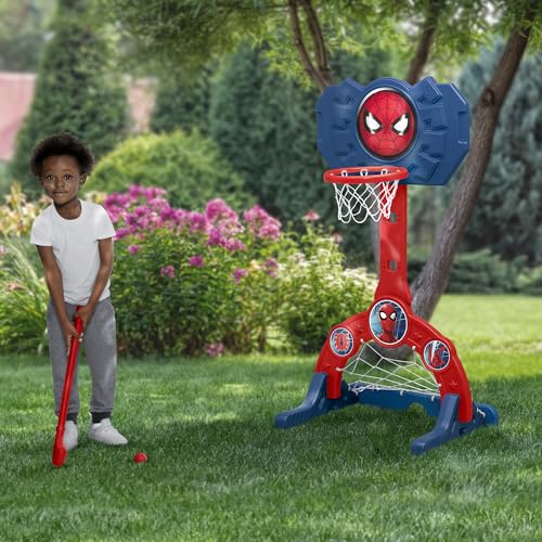 Delta Children Marvel Spider Man 4-in-1 Sports Center – Adjustable Easy Score Basketball Hoop, Soccer/Hockey Net and Golf Game, Red/Blue - color: Marvel Spider-man