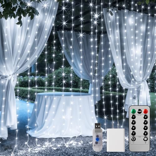 Brightown Curtain String Lights, Hanging Fairy Lights with Remote, 8 Modes, Waterproof Window Lights for Bedroom Backdrop Wedding Outdoor Christmas Party, White, 300LEDs - color: White, size: 300LED