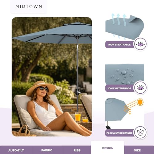 Midtown Umbrellas - The Lean 10 Ft Patio Umbrella with Fade-Resistant Sunbrella Fabric, Auto-Tilt Aluminum Frame and 8 Reinforced Ribs for Deck, Pool & Garden - Canvas Glacier Canopy, Black Pole - color: Sunbrella Canvas Haze, size: 10 Feet