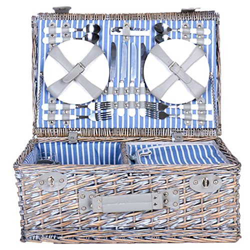 Picnic Basket Set for 4 Persons, Willow Picnic Basket with Insulated Cooler Bag and Tableware, Handmade Gift Hamper for Outdoor Lake Beach Camping and Party