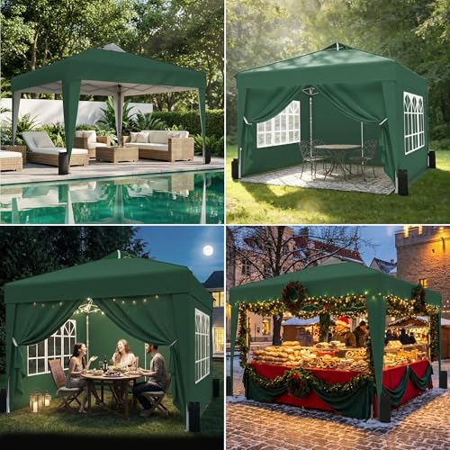 SANWAY 10x10 Pop Up Canopy Tent with Sidewalls x 4 – Easy Setup Canopy Tent, Waterproof, UV-Resistant, Portable with Carry Bag for Outdoor Events, Camping, and Backyard Parties – Dark Green - color: Dark Green