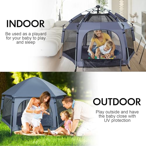 Premium Indoor and Outdoor Baby Playpen - Portable, Lightweight, Pop Up Pack and Play Toddler Play Yard w/Canopy and Travel Bag- Grey - color: Grey