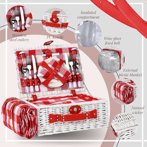 Picnic Baskets Wicker Willow Picnic Set for 4 Persons with Insulated Cooler Bag and Waterproof White Red Picnic Blanket Gift for Christmas Thanksgiving Wedding Birthday Camp Outdoor Beach Travel - color: White & Red