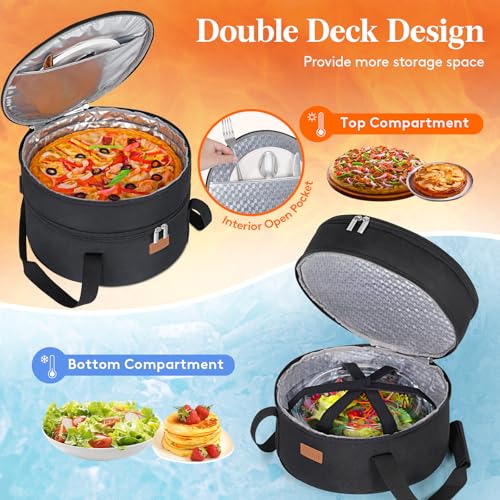 Lifewit Insulated Double Decker Round Casserole Carrier, Portable Pie Carrier Bag for Hot or Cold Food, Fits 12.5" Baking Dish, Thermal Lunch Tote for Potluck Parties, Picnic and Cookouts, Black - color: Black, size: 12.2 x 12.2 x 7.7inch