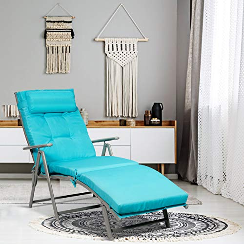 Tangkula Outdoor Folding Chaise Lounge Chair, Lightweight Recliner Chair w/ 7 Adjustable Backrest Positions, Patio Reclining Beach w/Removable Cushion & Pillow for Patio Poolside No Assembly Required - color: Turquoise