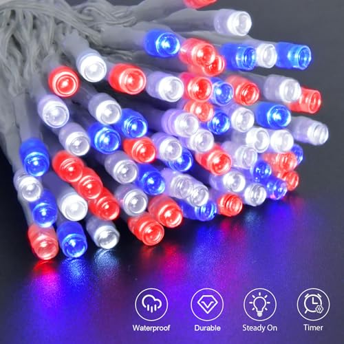cshare Red White and Blue Lights Battery Operated, 4th of July Lights with Timer Outdoor Waterproof 9.8ft 30 LED for 4th of July Independence Day Decorations Garland Party Garden - color: Red White and Blue