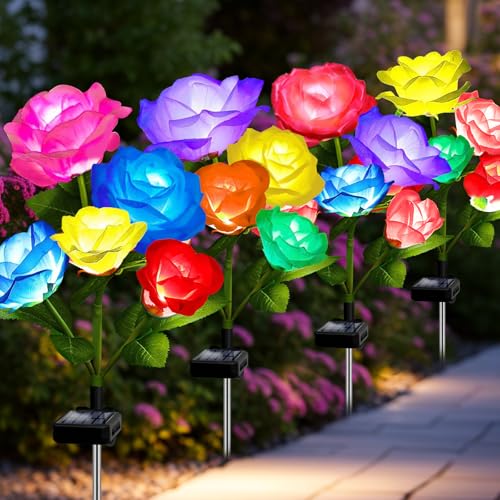 Mothers Day Gifts Solar Garden Decor Outdoor Lights, 4 Pack Waterproof Garden Lights for Outside, 16 Solar Rose, Multi-Color Changing Solar Flower Decor for Yard, Patio, Gifts for Women (7-Color Rose) - style: 7-Color Rose-4 Pack