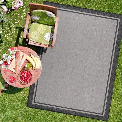 CAMILSON Indoor Outdoor Rug, 6x9 Bordered Gray Modern Area Rugs for Indoor and Outdoor Patios, Kitchen and Hallway Mats, Washable Porch Deck Outside Carpet (Bordered Grey, 6 x 9) - color: Bordered Grey, size: 6'7" x 9' (Rectangular)