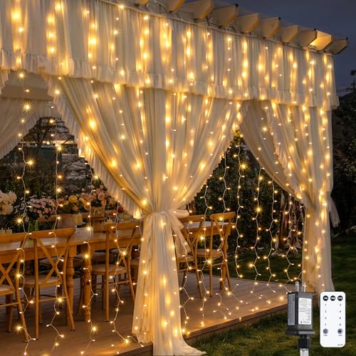JMEXSUSS 900 LED Outdoor Curtain Lights, 9.5x29.5ft Christmas Lights Plug in with Remote, Twinkle Hanging String Light for Bedroom Wall Wedding Backdrop Window Gazebo Decor, Warm White - color: *Warm White, size: 900 LED