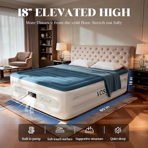 VOSSER Queen Air Mattress with Built-in Pump,18''Fast & Easy Inflation/Deflation Inflatable Mattress, Foldable Blow Up Mattress with Storage Bag, Inflatable Bed for Home, Camping & Guests - color: Navy Blue, size: Queen 18''(comfort Height)