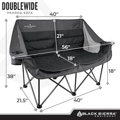 Black Sierra Double Camping Chair, Padded Oversized Loveseat, 2 Person Folding Seat Supports 500 lbs, Portable Outdoor Sofa for Beach, Tailgating, RV, Sports, Patio - color: Black