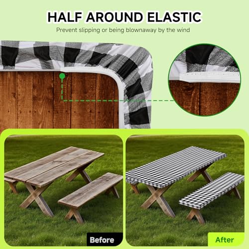 Picnic Table Cover with Bench Coversa nd Bag, Waterproof Windproof Elastic Fitted Tablecloth for 6 Foot Rectangle Tables，Washable with Elastic Edges for Outdoor Camping(Black & White, 30"x72") - color: Black&grey(checkered)