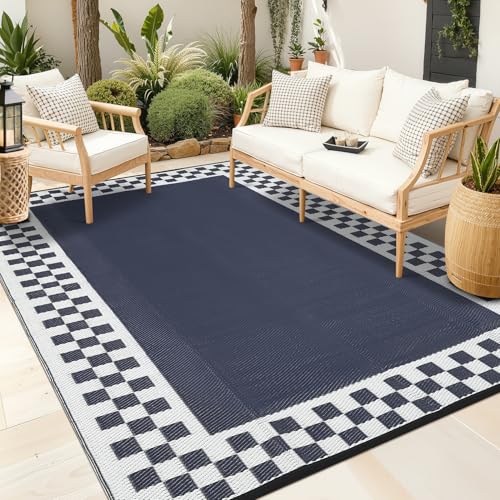 10x14 Large Outdoor Rug Waterproof Weather Resistant Patio Rug with Stakes & Carry Bag, Reversible Plastic Straw Modern Outdoor Carpet for Garden Backyard Balcony RV Mat Blue White - color: Border1|blue White, size: 10' x 14' (Rectangular)
