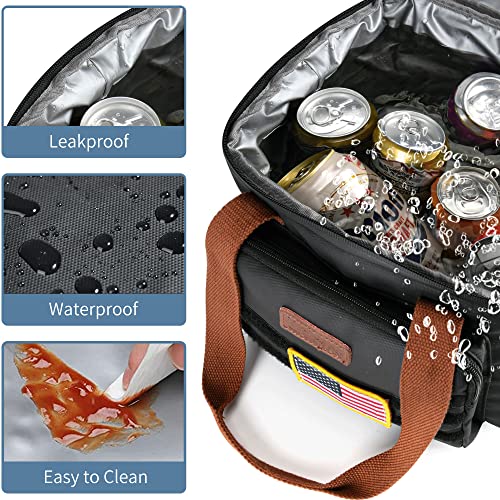 Tactical Lunch Box for Men- Large Insulated Lunch Bag-Expandable Adult Lunch Box with Adjustable Shoulder Strap-Large Lunch Tote Bag for Work Camping Fishing (Black-Leather) - color: Deep Black