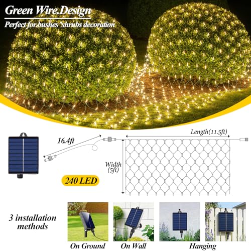 Lovelite 11.5ft x 5ft Solar Net Lights Outdoor, 240LED Christmas Mesh Lights Solar & USB Powered, Waterproof String Lights 8 Modes Green Wire for Bushes Patio Garden Holiday Party Decor (Warm White) - color: Warm White, size: 11.5ftx5ft (Green Wire)