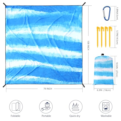 WIWIGO Beach Blanket Waterproof Sandproof Beach Mat 79" X 83"/10'x9'for 2-8 Adults Quick Drying Outdoor Picnic Mat Beach Accessories for Travel, Camping, Hiking - color: Blue and White Stripes, size: 79" X 108"（1-6person）