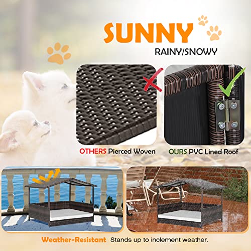 Wicker Dog House Elevated Dog Bed Houses for Indoor Outdoor, Raised Rattan Dog Cot Woven Pet Sofa, w/Waterproof Shelter, Removable Cushion Lounge, Washable Cover - style: White