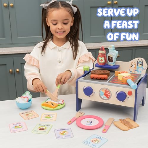 Bluey 8th Wonder Wooden Salad & BBQ Grill Toy Set, 33-Piece Play BBQ Food Set with Tongs, Food, and 6 Recipe Cards, Kitchen Toys for Kids Ages 3+ - style: BBQ Grill Set