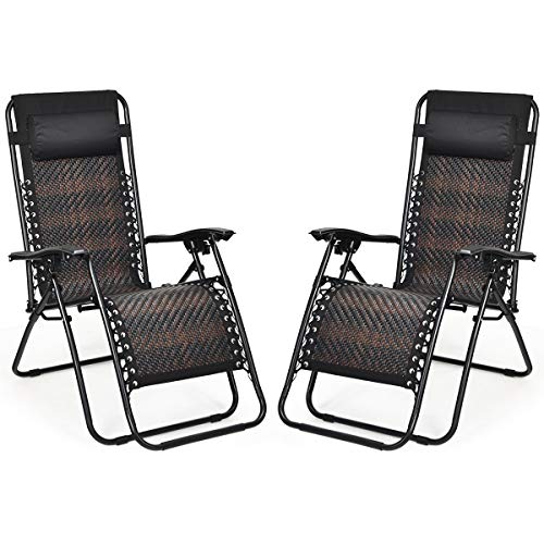 COSTWAY 2PCS Zero Gravity Lounge Chairs, Patio Rattan Recliner with Pillow, Lockable, Foldable & Lightweight, Suitable for Outdoor Use (Mix Brown) - color: Mix Brown