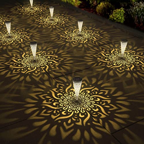 gardencave 6 Pack Solar Lights Outdoor Garden Decorative Mandala Solar Garden Lights with Warm Light Waterproof Solar Pathway Landscape Light for Path Patio Backyard Walkway Yard Decor (White) - color: White