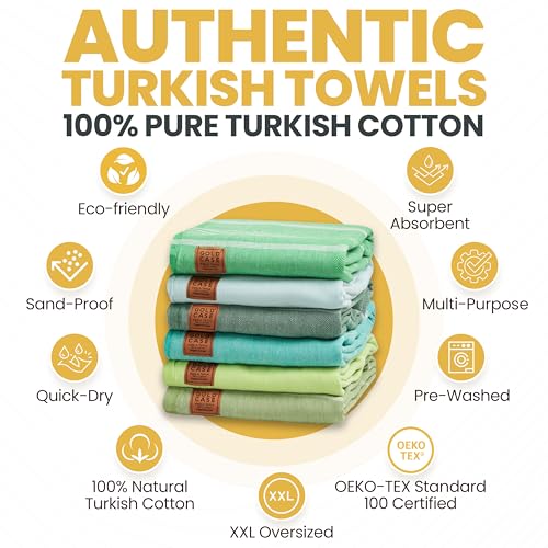 Gold CASE LYCIA Turkish Beach Towel Set of 6 – 100% Cotton Turkish Beach Towels Bulk 70 x 38'' – LYCIA Oversized, Quick Dry & Sand Free Beach Towel – Lightweight Towels Set in Tones of Green - color: Tones of Green, style: Beach-Bath Towel Set