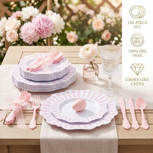 COLOSUS 150pcs Disposable Pink and White Stripped Plastic Plates and Silverware set, Light Pink Dinner/Dessert Plates silverware serve 30guests for Easter Day, Wedding Party and Daily use. - color: White+Pink
