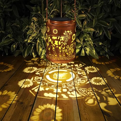 Solar Lanterns Garden Decor Birthday Gifts for Women Mon Grandma Metal Hanging Solar Lights Waterproof Outdoor Decoration for Outside LED Lanterns for Yard Patio Lawn (Cow) - style: Cow