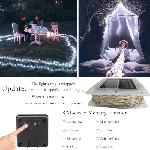 Joomer Solar Fairy Lights, 2-Pack Total 80FT 240LED Solar String Lights Outdoor Waterproof 8 Lighting Modes for Patio Fence Party Garden Yard Home Holiday Tree Outdoor Decoration (White) - color: White, size: 2*120led