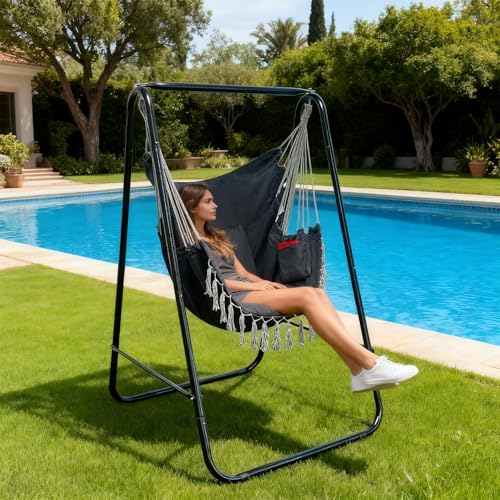 Hammock Chair with Stand,Heavy-Duty Hammock Stand with Large Indoor Swing,MAX Load 500 LBS,Hanging Chair with Stand for Indoor Outdoor,Swing Chair with 2 Cushions Included(Dark Grey) - color: Dark Grey