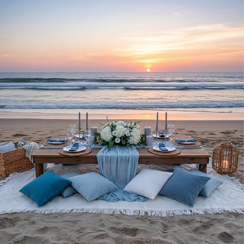 Moukeren 10 Pcs 71''x102'' Extra Large White Outdoor Boho Picnic Blanket with Table Runner 8 Blue Throw Pillow Cover Oversized Washable Portable Beach Blanket for Valentine Picnic Camp Lawn Wedding - color: Blue