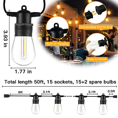 Ollny Outdoor String Lights, 50 FT Waterproof Connectable Patio Lights with 15 Shatterproof Bulbs(2 Spare), Outside Hanging Light for Balcony, Porch, Yard, Garden, Backyard - size: 50FT, style: S14-50FT