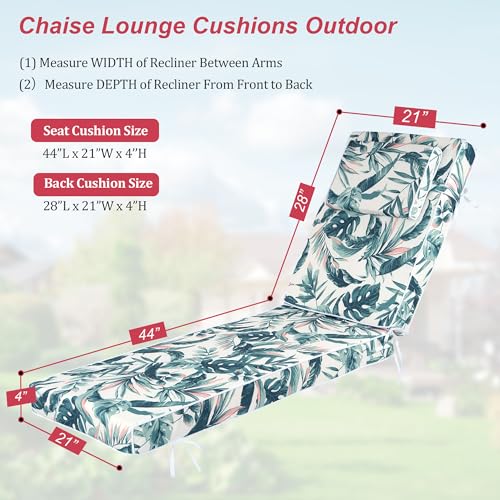 Chaise Lounge Cushions Outdoor 72x21x4 Inch, Patio Lounger Chair Cushion with Removable Cover, Fade Resistant Replacement Pad for Outdoor Furniture (Green Leaf Pattern, 72x21x4 inch) - color: Green Leaf Pattern