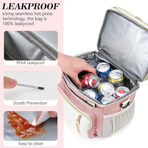 Lunch Box & Lunch Bag for Women, Large Insulated Adult Lunch Box Leakproof Lunchbox Cooler Bag for Work Picnic Beach,16L, Light Pink & White - color: Light Pink