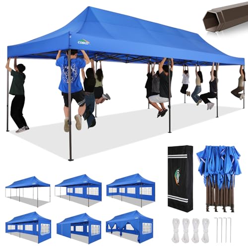 COBIZI 10x30 Pop Up Canopy Tent Heavy Duty with 8 Removable Sidewalls, Commercial Portable Tents for Parties Ez Up Canopy All-Weather Windproof & Waterproof and UPF 80+ Wedding Tent Sun Shelter - color: Blue, size: 10x30FT