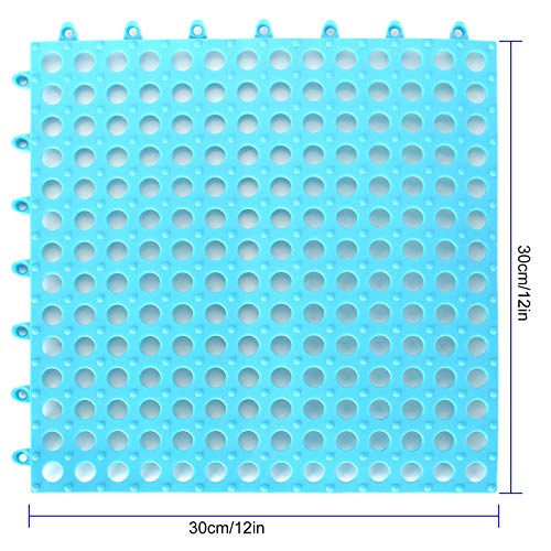 12 Pack 11.8" x 11.8" Interlocking Rubber Floor Tiles Drainage Mat, Soft PVC Non Slip Shower Floor Mat with Drain Hole for Flooring, Rubber Floor Mat for Pool, Patio, Balcony, Kennel, Basement - color: White+blue
