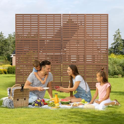 Metal Privacy Screen Outdoor with Stand, 6 ft Tall Decorative Privacy Fence Featuring Simple Assembly, Freestanding Fence Panels & Portable Divider Screens for Patio, Balcony, Garden, Backyard - color: Brown&louvered, size: 72"H x 46.2"D