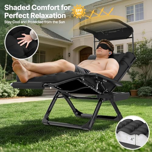 Suteck Zero Gravity Chair with Canopy XL Reclining Camping Chair w/Washable Cushion, Outdoor Lounge Chairs Patio Recliner with Large Cup Holder, Footrest, Padded Headrest, Support 500LBS, Grey - color: Charcoal